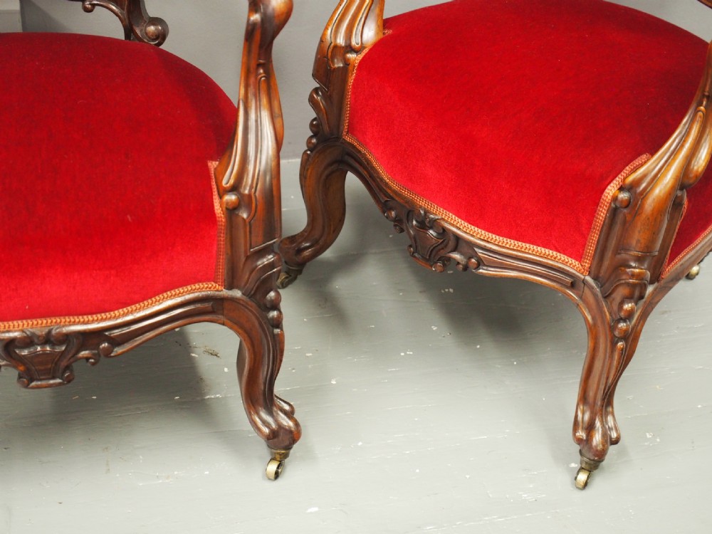 Pair of Victorian Walnut and Red Velvet Armchairs View XII