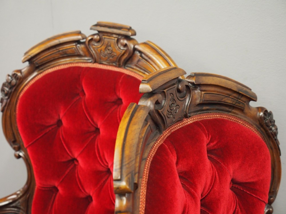 Pair of Victorian Walnut and Red Velvet Armchairs View XIII