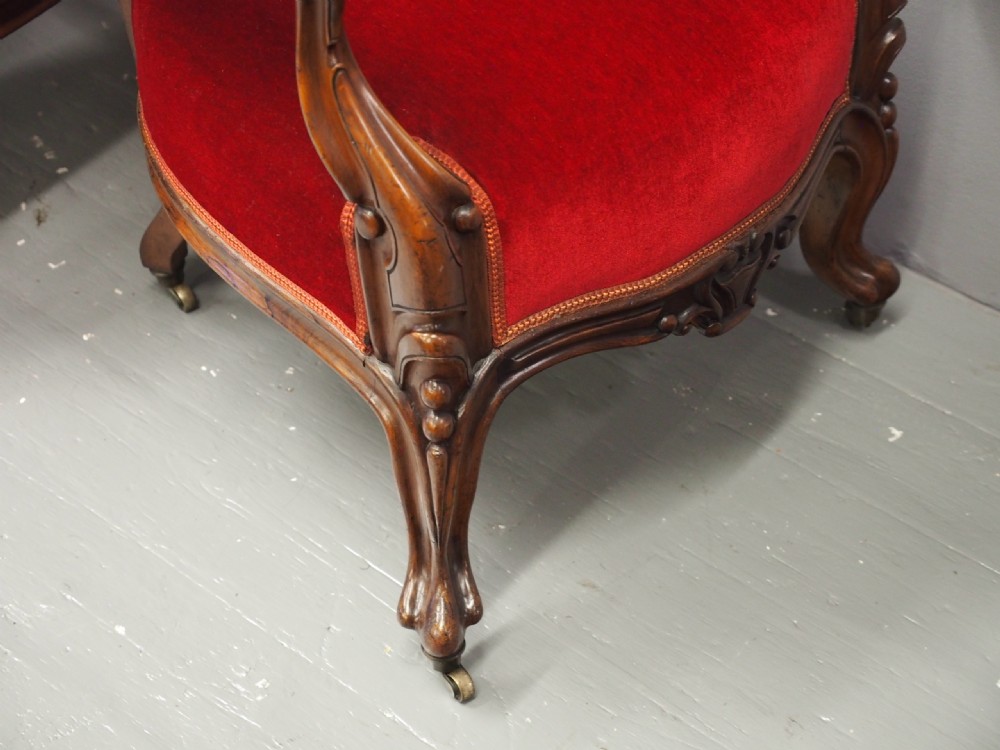 Pair of Victorian Walnut and Red Velvet Armchairs View XVII