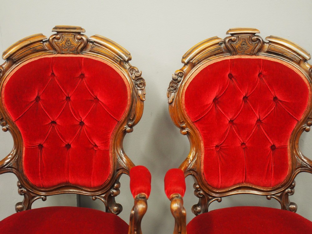 Pair of Victorian Walnut and Red Velvet Armchairs View XVIII