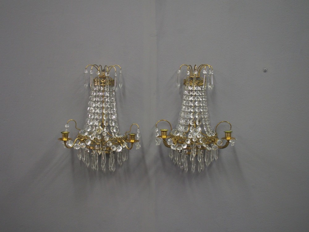 Pair of Victorian Brass and Cut Crystal Wall Sconces View II