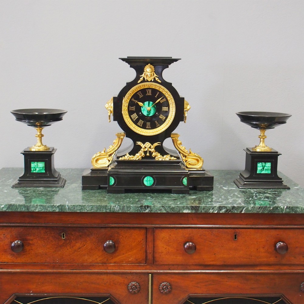 French Slate, Malachite and Gilt Bronze Clock Garniture