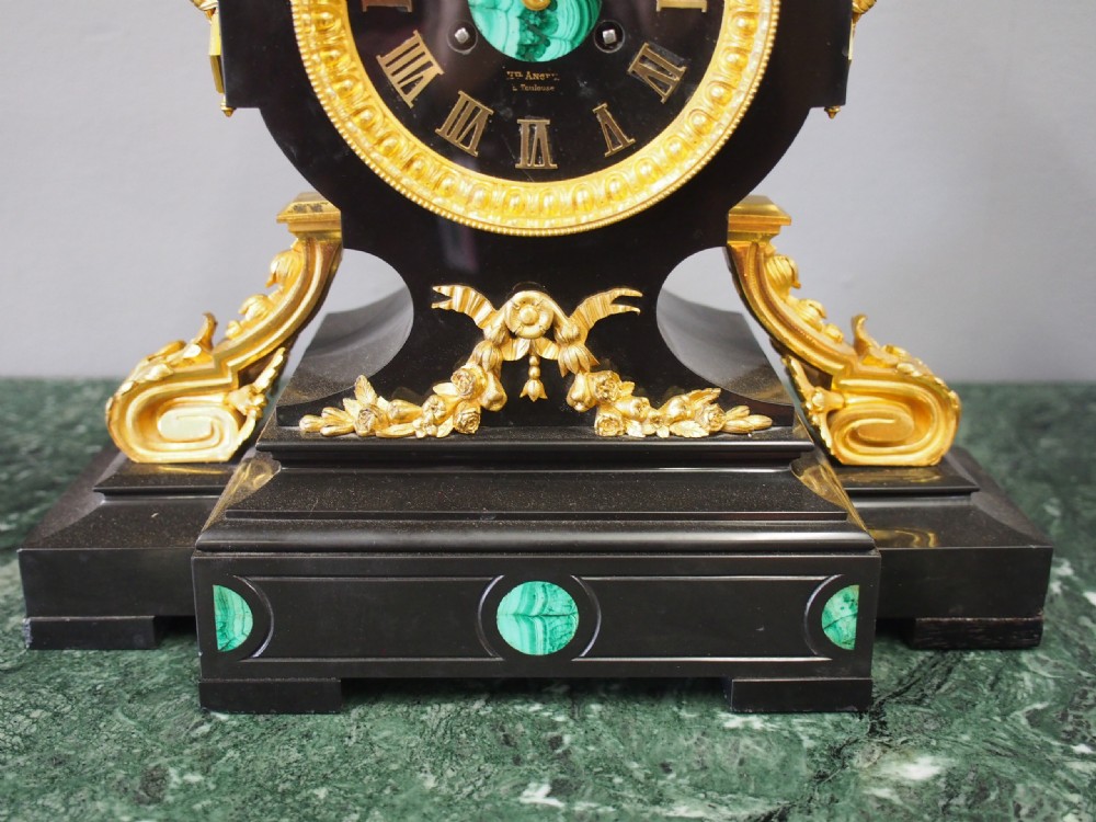 French Slate, Malachite and Gilt Bronze Clock Garniture View XII