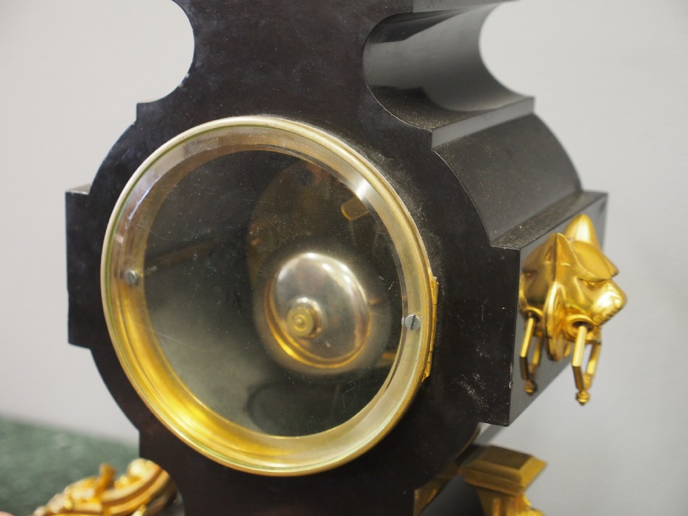 French Slate, Malachite and Gilt Bronze Clock Garniture View XV