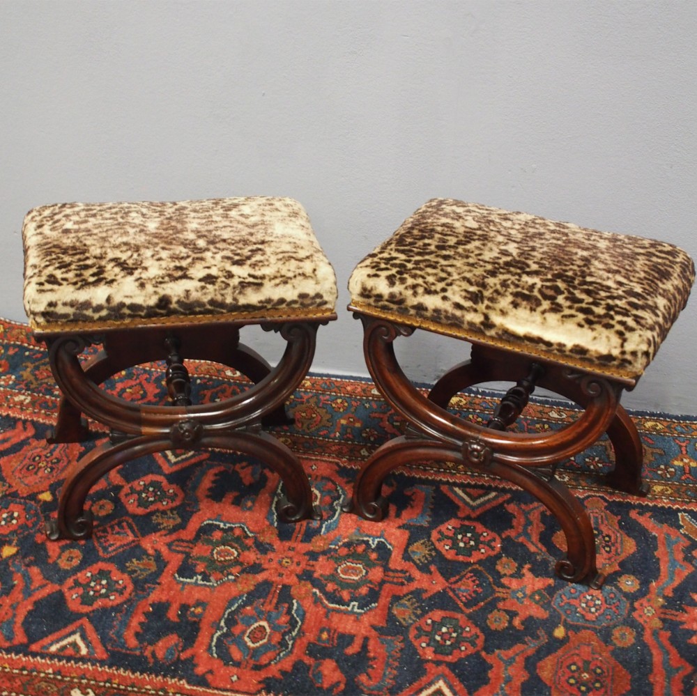 Pair of Rosewood and Leopard Print Top Stools
