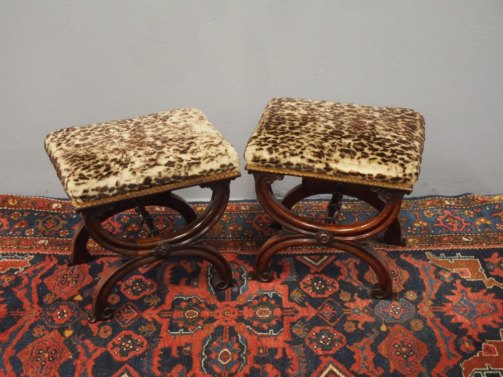 Pair of Rosewood and Leopard Print Top Stools View III