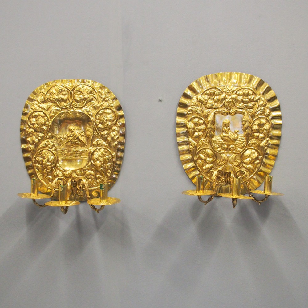 Pair of Large Embossed Brass Sconces