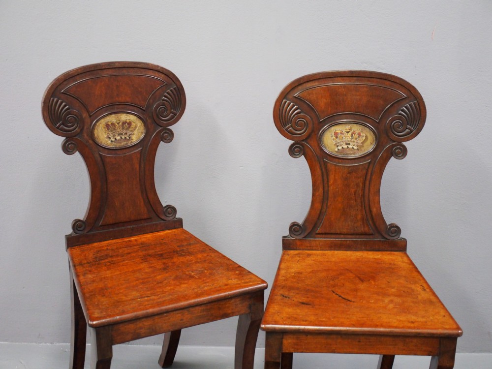 Pair of Regency Mahogany Hall Chairs with Painted Coronet View III