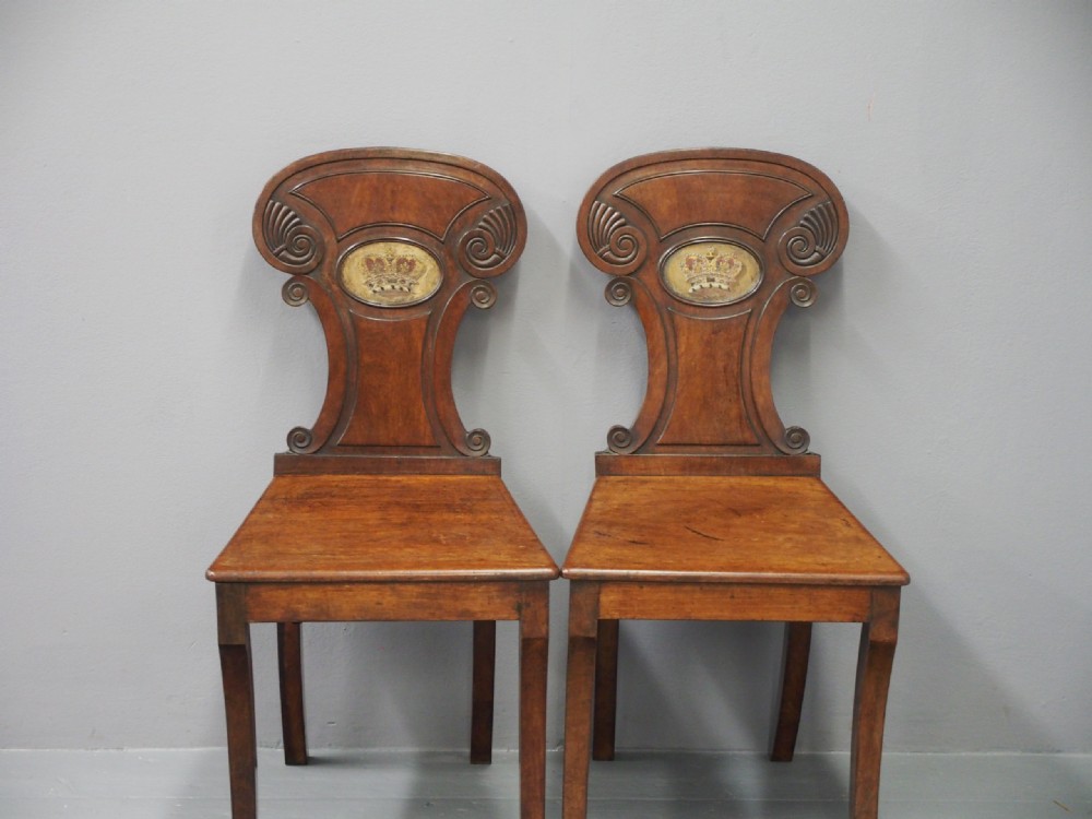 Pair of Regency Mahogany Hall Chairs with Painted Coronet View XI