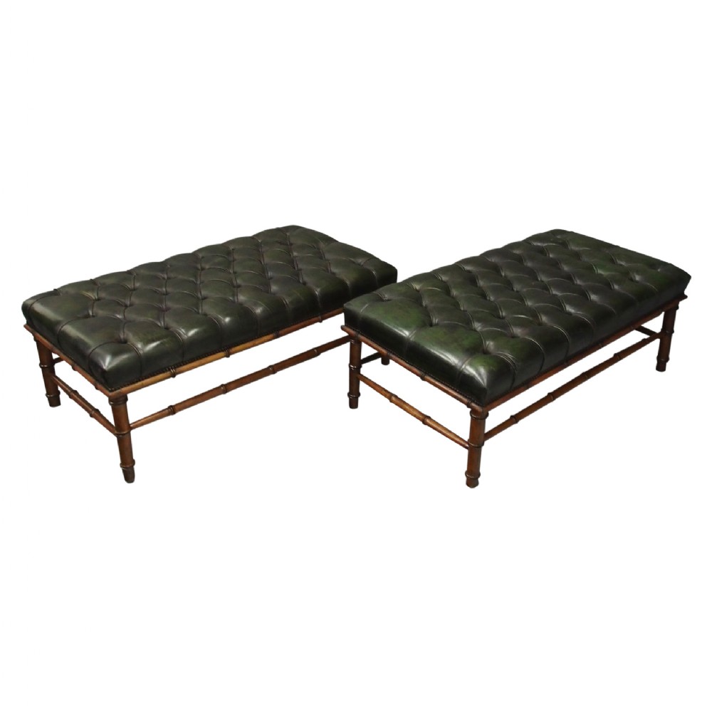 Pair of Edwardian Faux Bamboo and Green Leather Stools