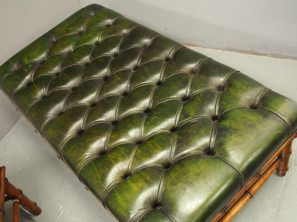 Pair of Edwardian Faux Bamboo and Green Leather Stools View IV