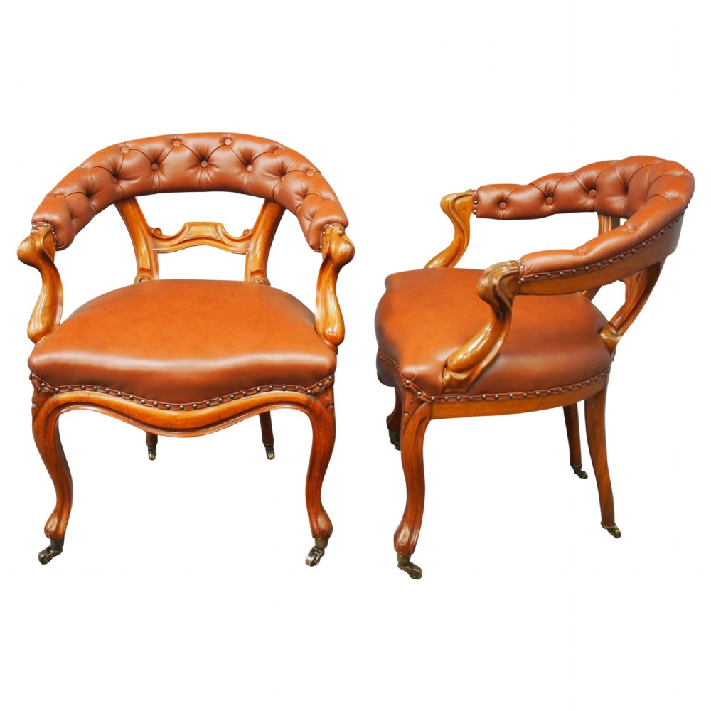 Pair of Mahogany and Brown Leather Club Chairs