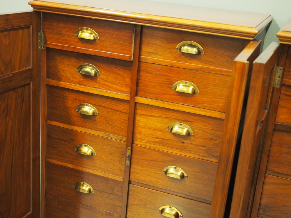 A pair of Victorian warm brown walnut collector cabinets featuring twin doors with decorative burr wood panels and internal fitted shallow drawers with brass cup handles. View IV