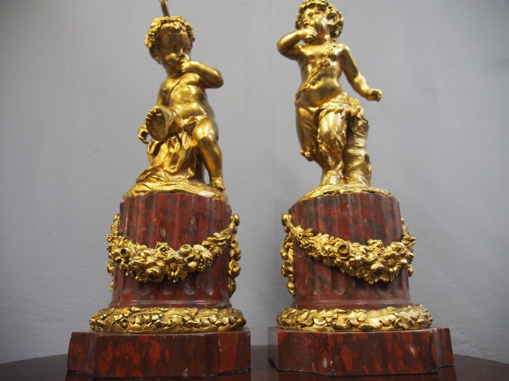 Pair of Gilt Bronze Lamps with Figures after Clodion View V