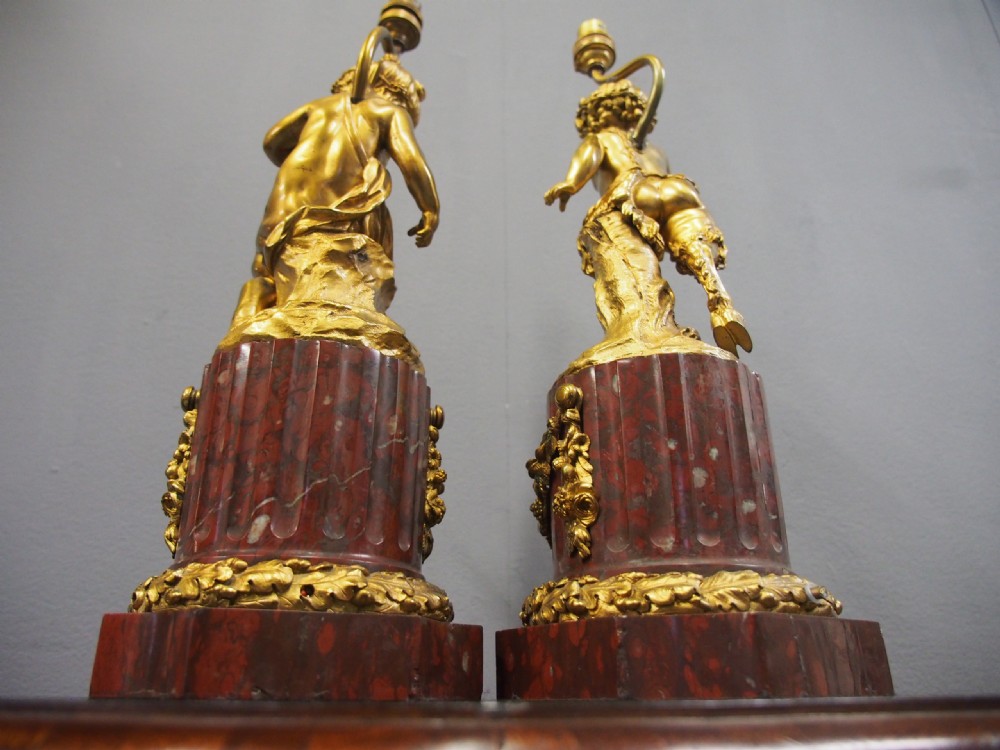 Pair of Gilt Bronze Lamps with Figures after Clodion View VII