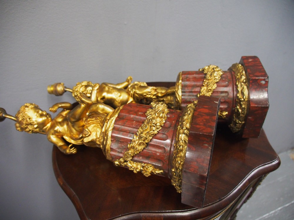 Pair of Gilt Bronze Lamps with Figures after Clodion View VIII