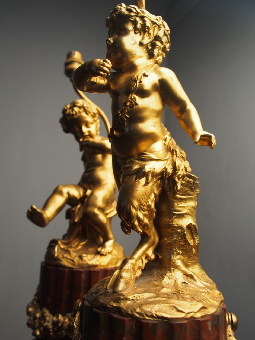 Pair of Gilt Bronze Lamps with Figures after Clodion View XI