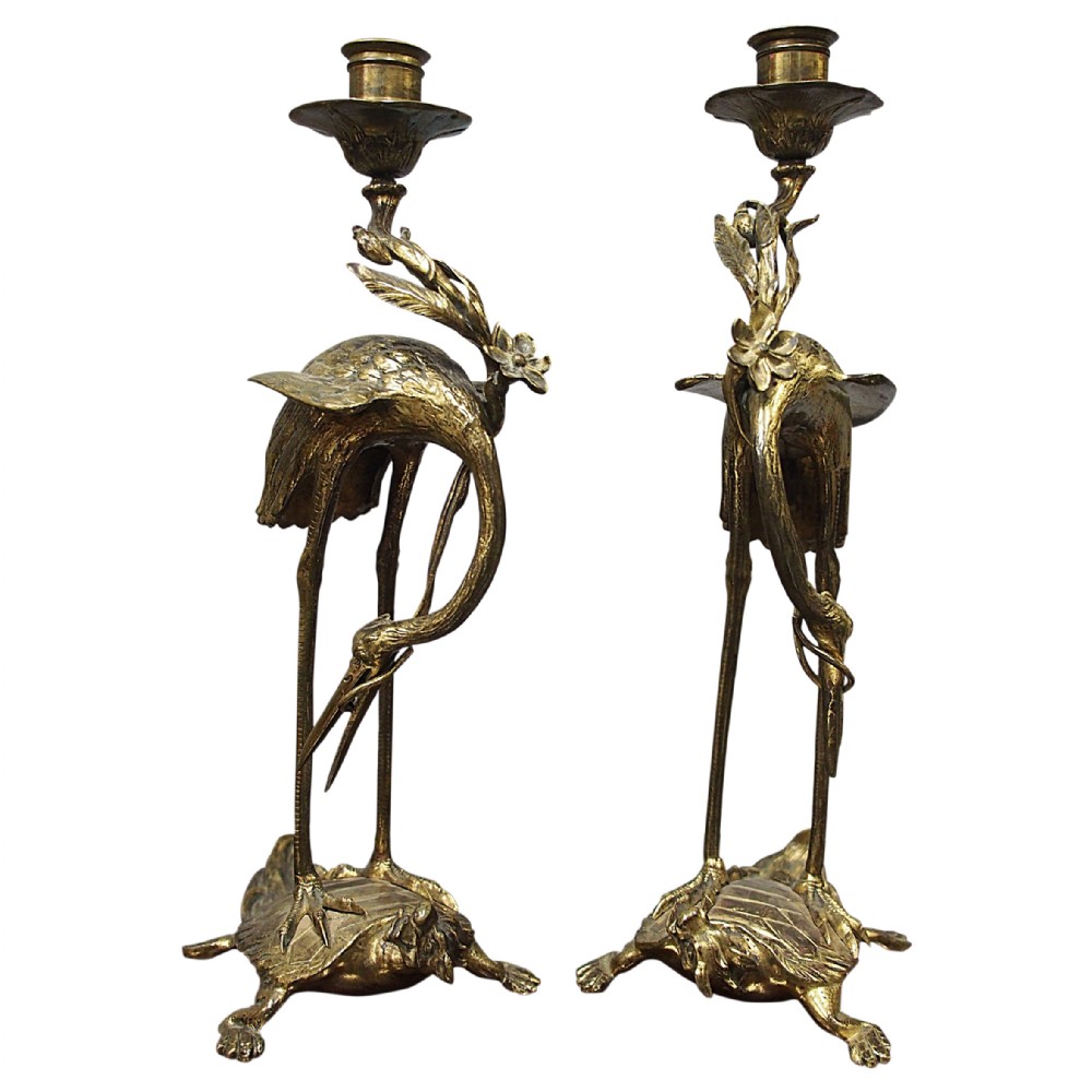Pair of Chinese Gilded Brass Crane Candlesticks