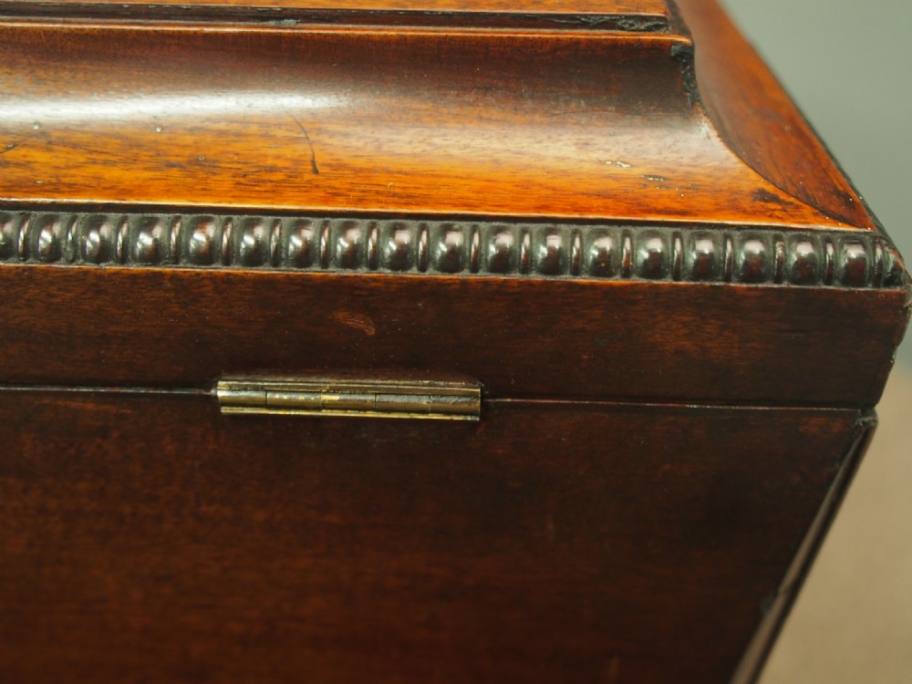 A Scottish Regency mahogany sarcophagus-shaped wine cooler featuring carved claw feet, gadrooned moulding, and side brass lion-mask drop ring handles. View IX