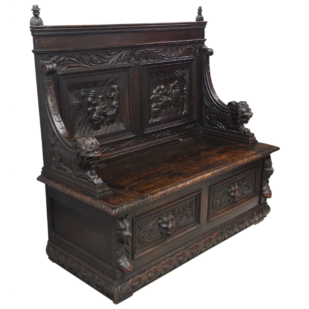 Victorian Flemish Carved Oak Hall Bench