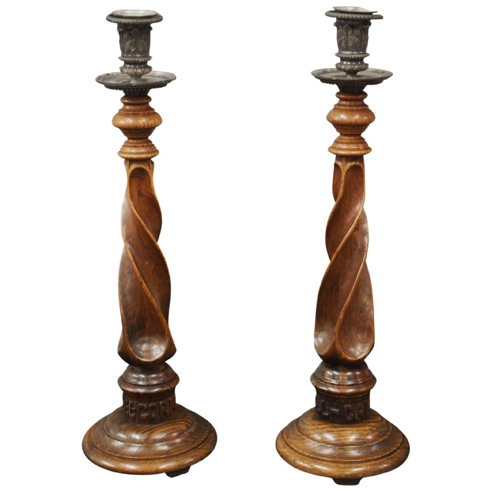 Pair of Scottish Arts and Crafts Oak Candlesticks