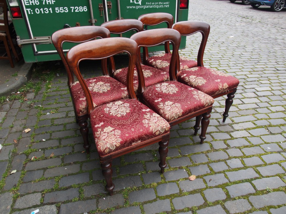 A set of six Victorian mahogany balloon back dining chairs with red patterned upholstered seats and turned front legs. View II