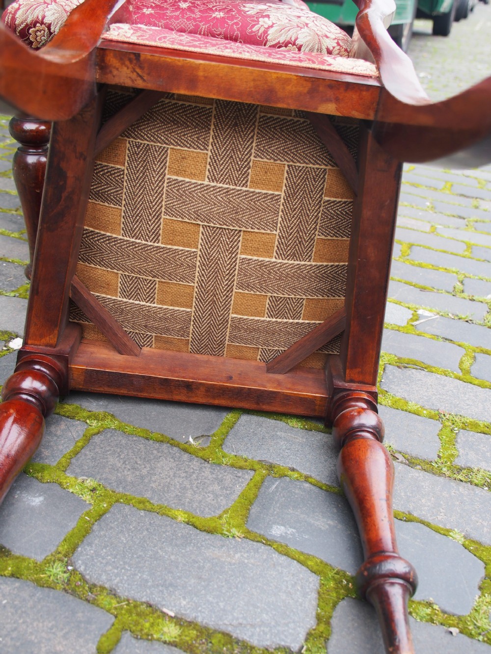 A set of six Victorian mahogany balloon back dining chairs with red patterned upholstered seats and turned front legs. View VIII