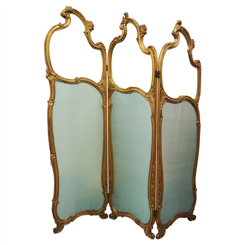 French Giltwood and Silk Three-Fold Screen