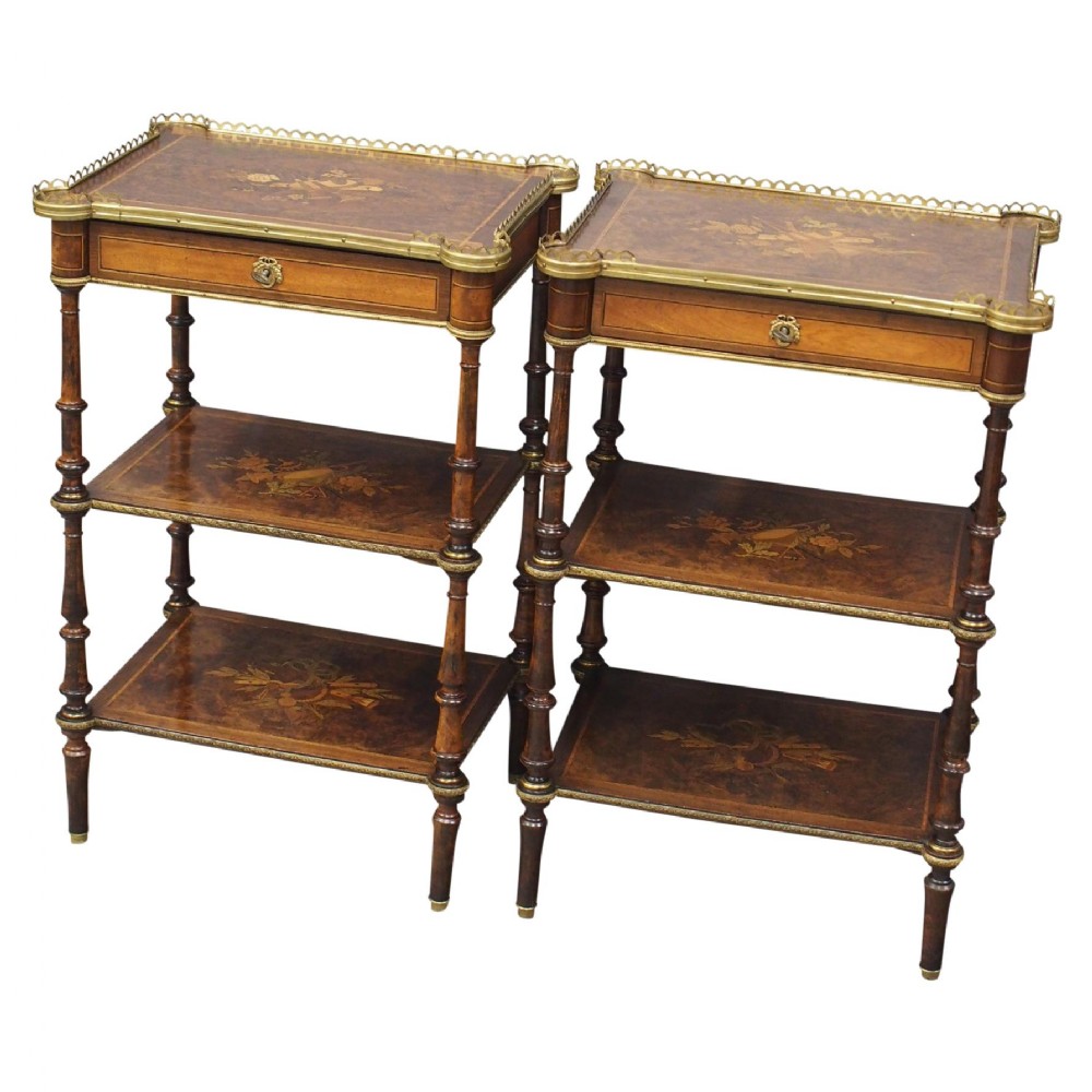 Pair of Victorian Marquetry Burr Walnut Etageres