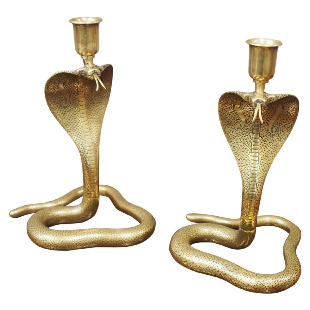 Pair of Cast Brass Cobra Design Candlesticks