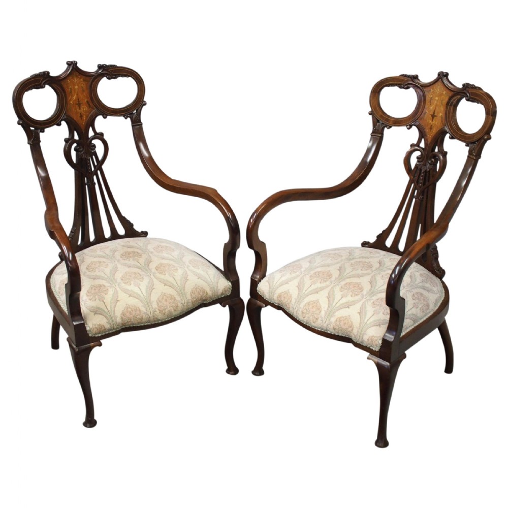 Art Nouveau Style Inlaid Mahogany Elbow Chairs
