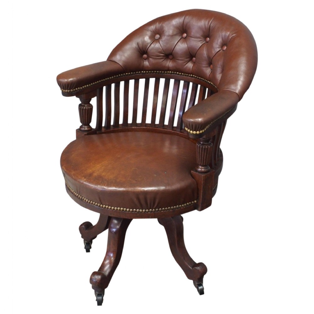 Victorian Brown Leather and Mahogany Office Chair