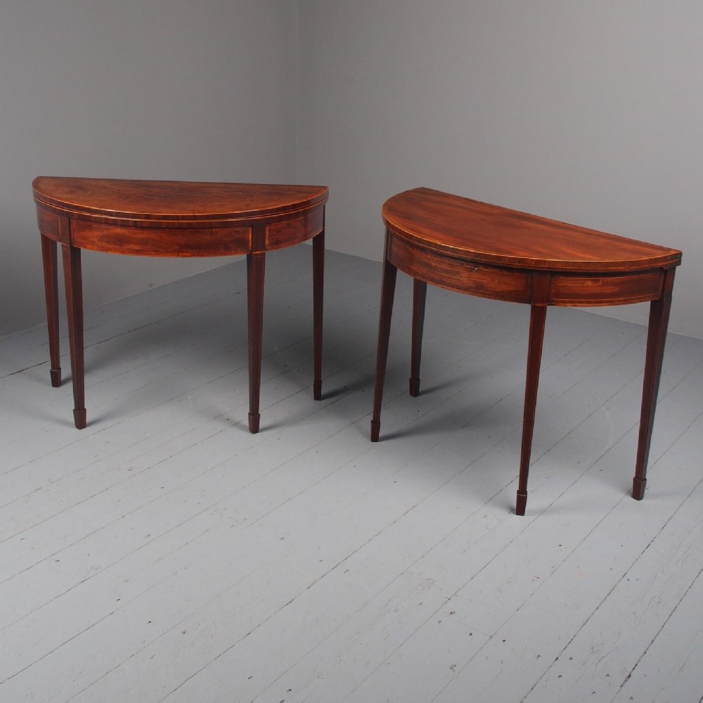 Pair (Matched) of George III Inlaid Mahogany Demi Lune Tables