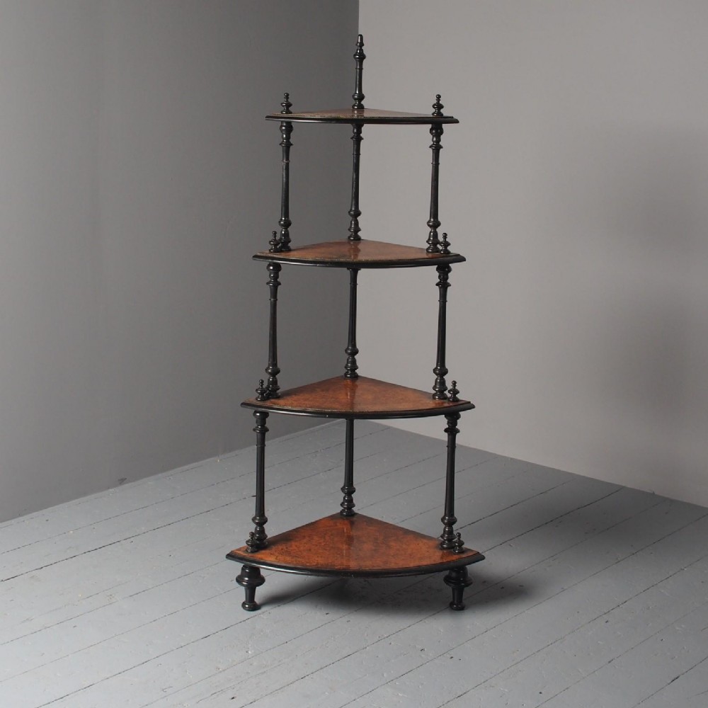 Antique Burr Walnut and Brass Corner Whatnot