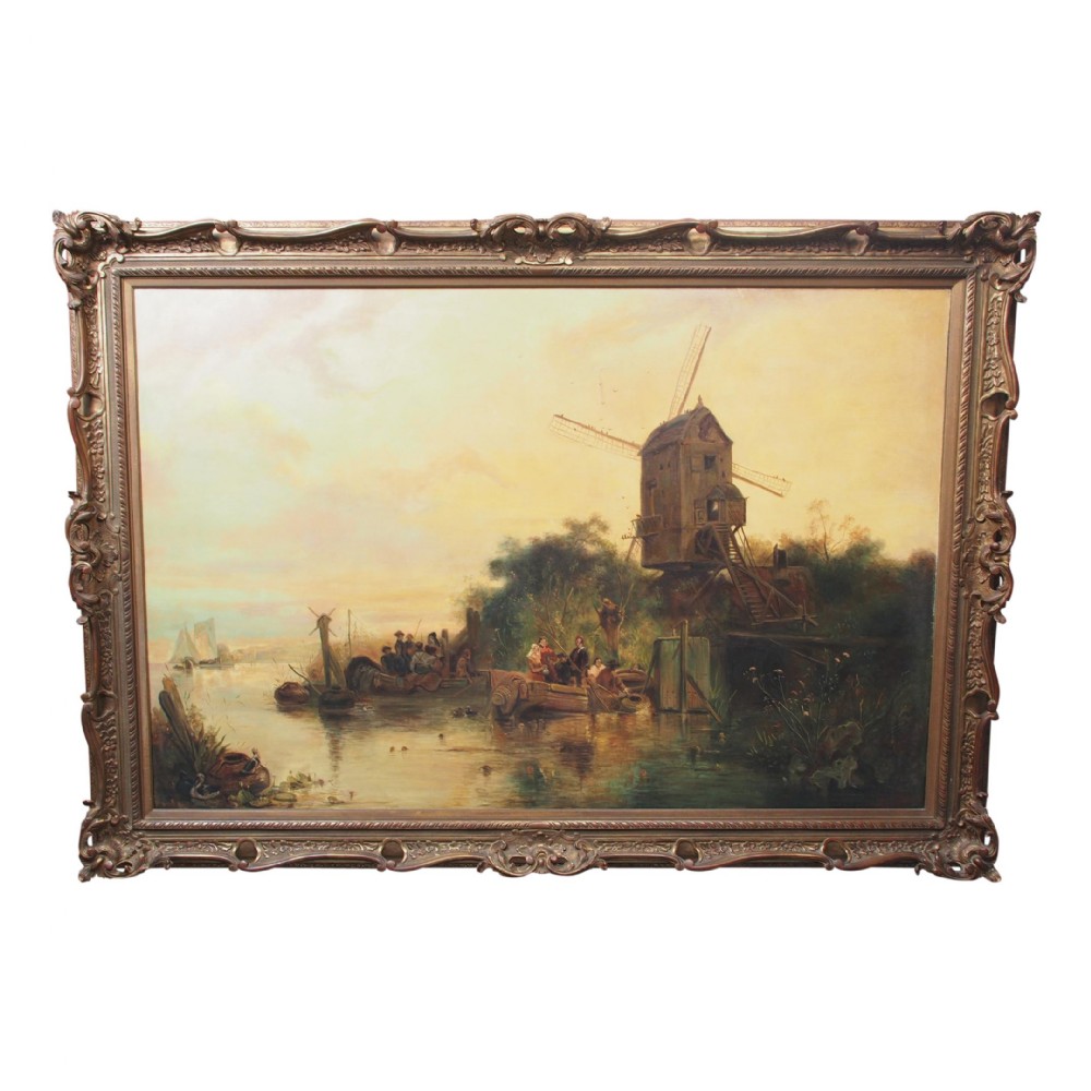 Large Antique Windmill Landscape Oil Painting on Canvas