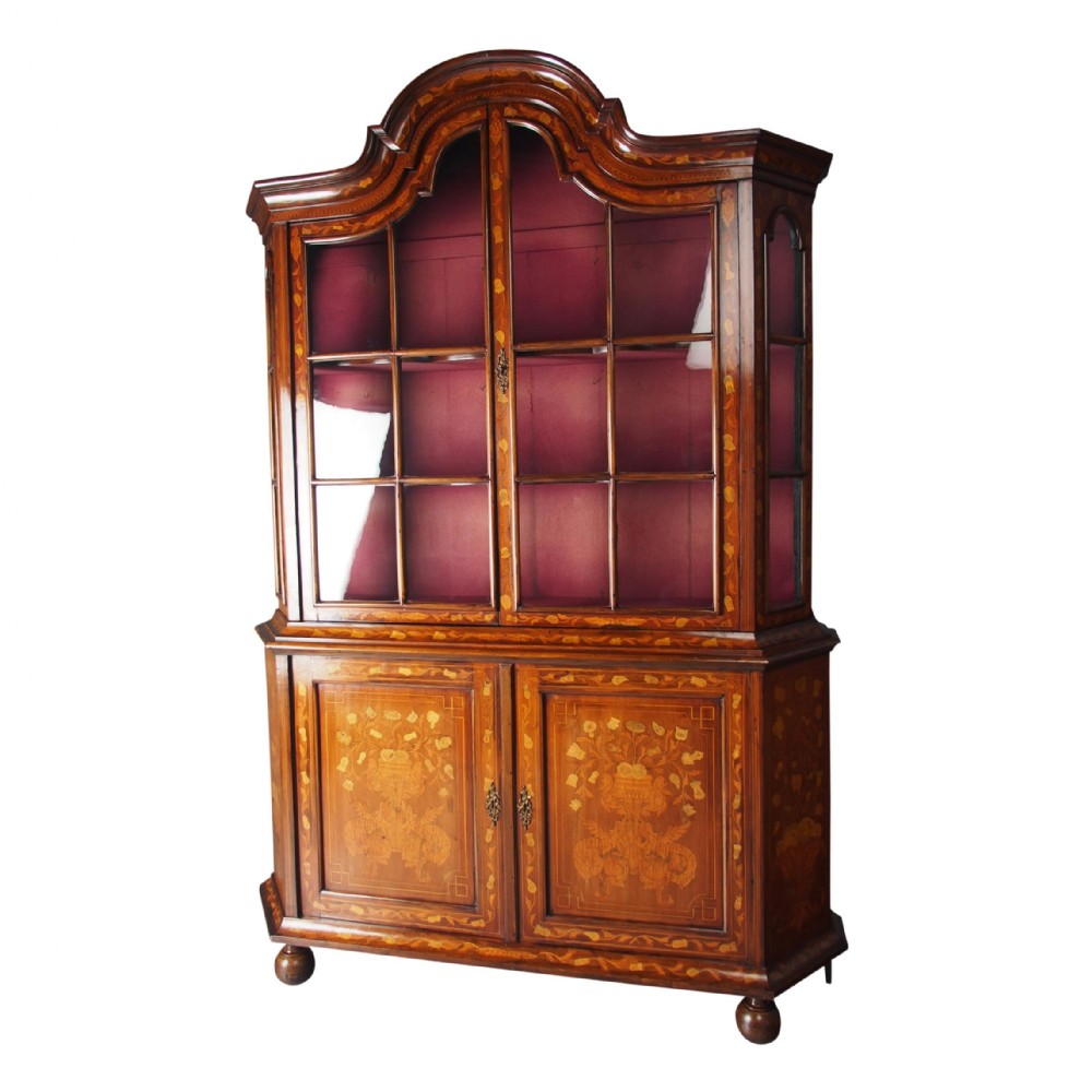 Antique Dutch Marquetry Inlaid Walnut Display Cabinet
