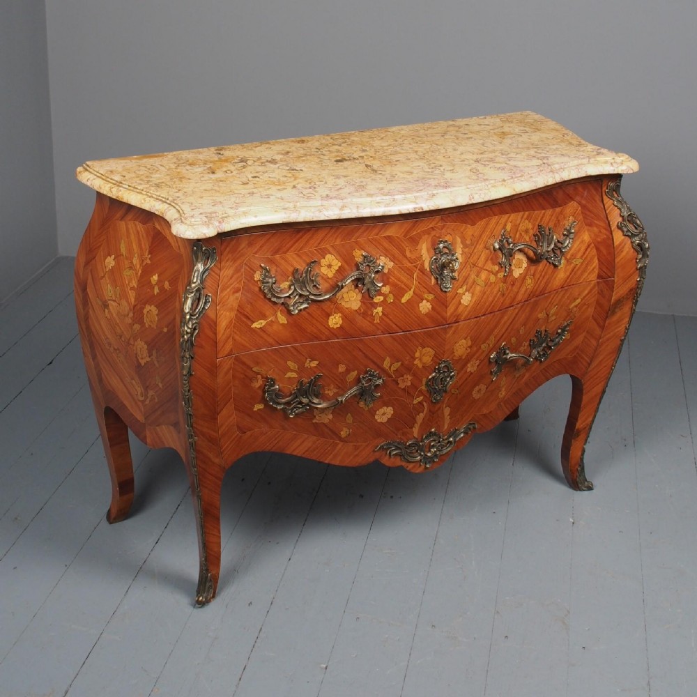 Antique Style Marble Top Inlaid Kingwood Commode