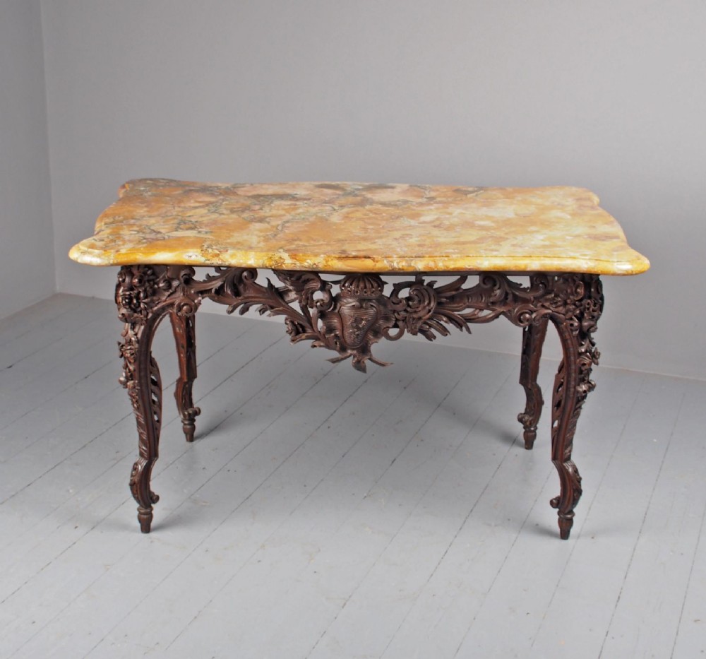 Victorian French Carved Fruitwood and Marble Top Console Table