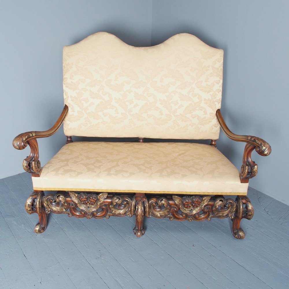 Charles II Style Gilded Walnut Humpback Sofa
