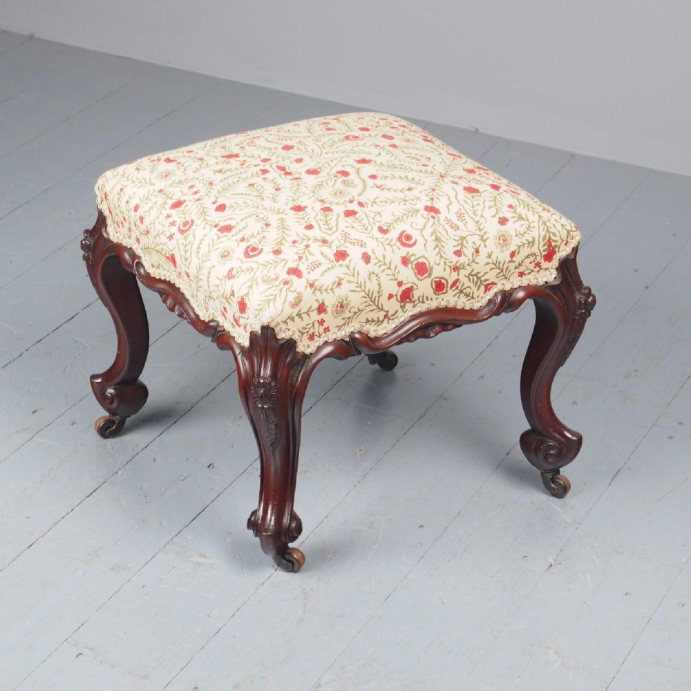 Victorian Carved Mahogany and Upholstered Stool