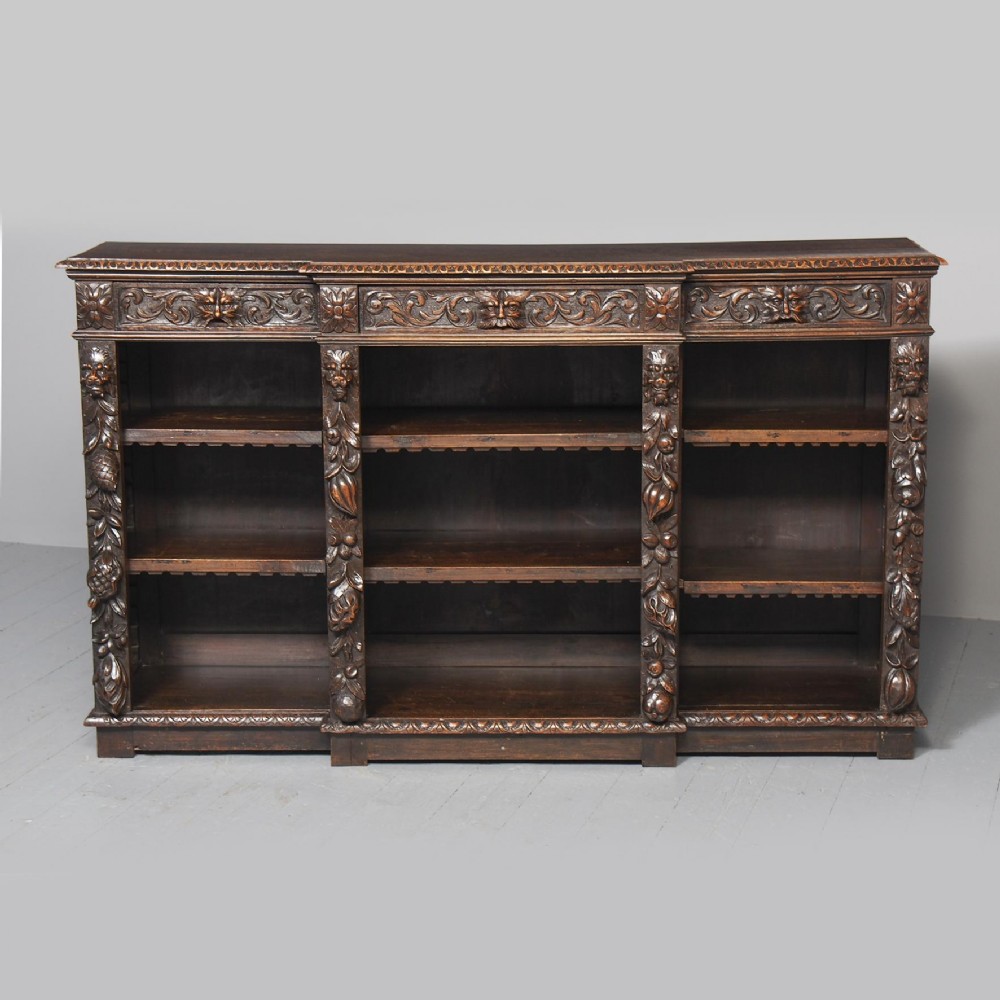 19th Century Flemish Carved Oak Open Breakfront Bookcase