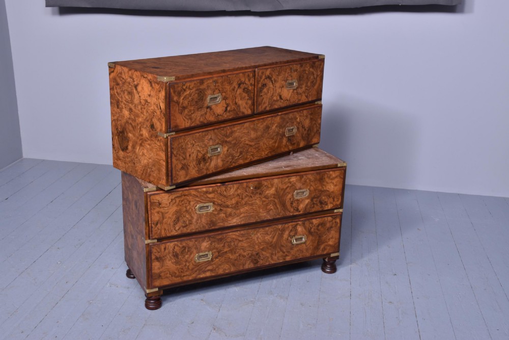 Burr Walnut Victorian Campaign Chest of Drawers