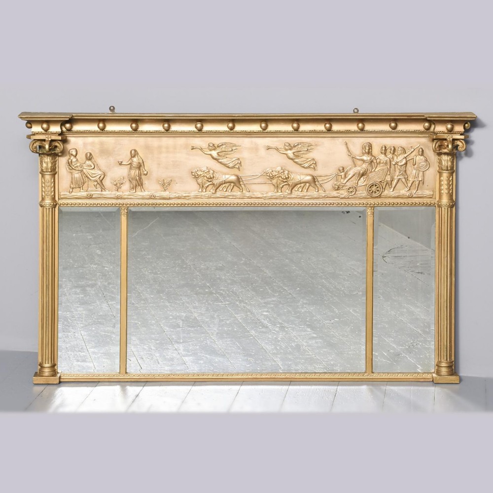 Early 19th Century Gilt Triptych Gilt Overmantel Mirror with Neoclassical Decorations
