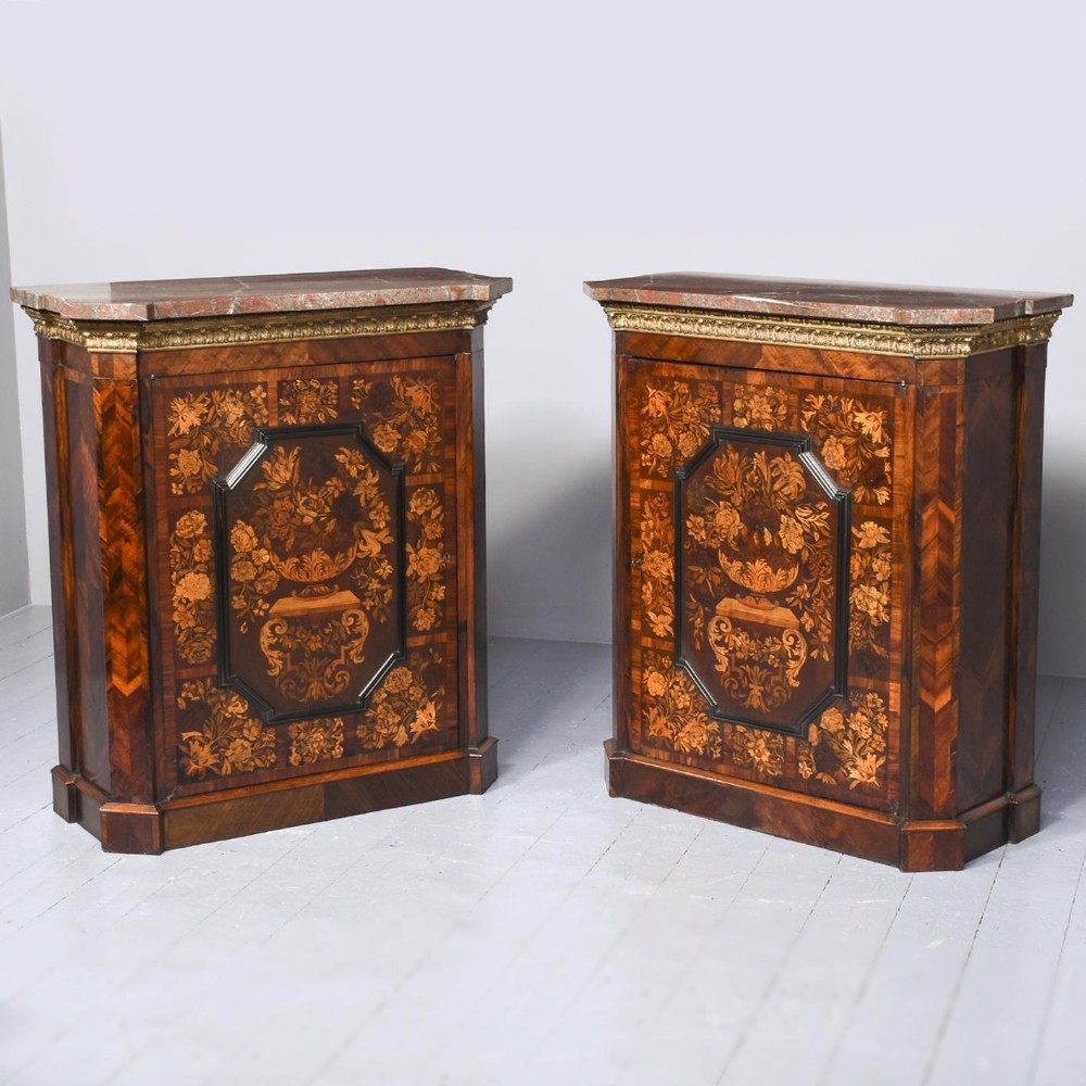 Pair of Exhibition Quality Marquetry-Inlaid Marble Top Side Cabinets