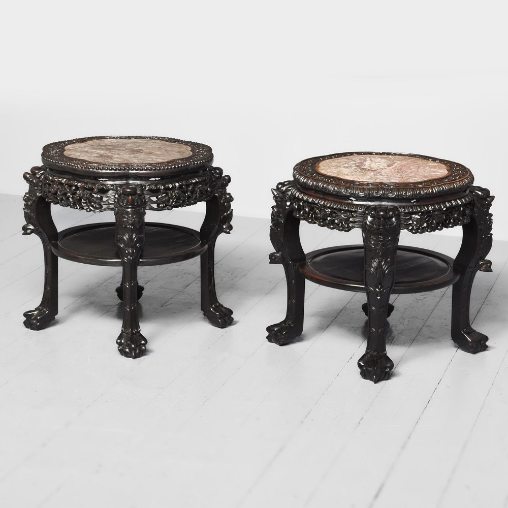 Matched Pair of Very Large Qing Dynasty Chinese Hongmu Marble Top Plant Stands