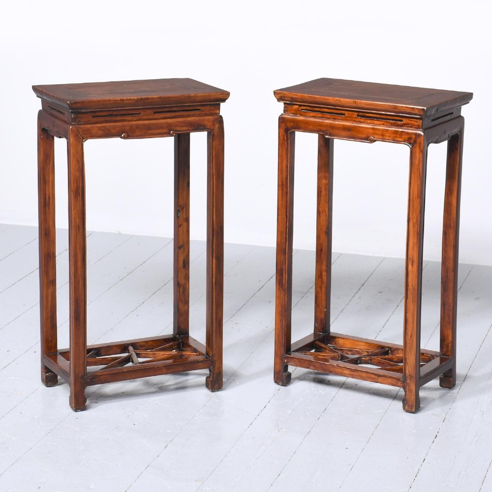 Pair of Tall Qing Dynasty Chinese-Stained Soft Wood Side Tables