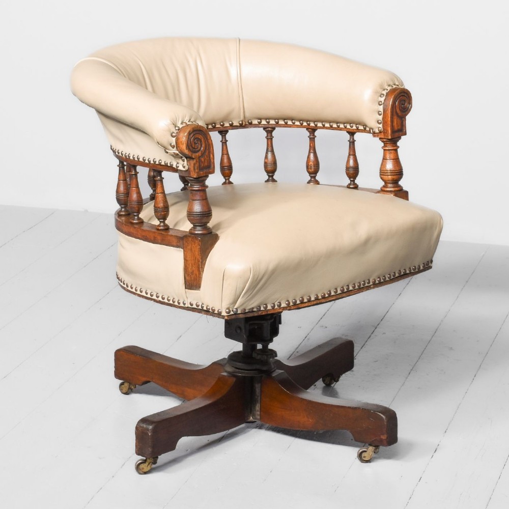 Victorian Leather-Upholstered Oak Office Chair