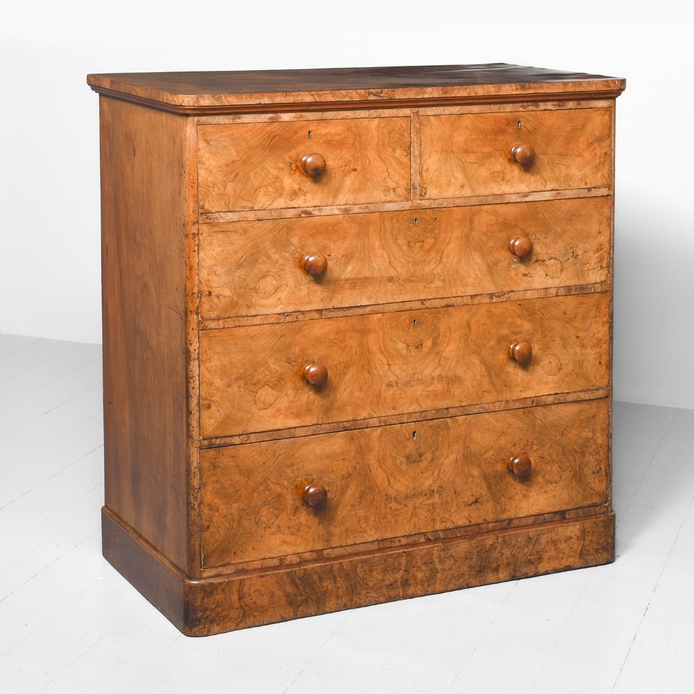 Finest Quality Figured and Burr Walnut Victorian Chest of Drawers