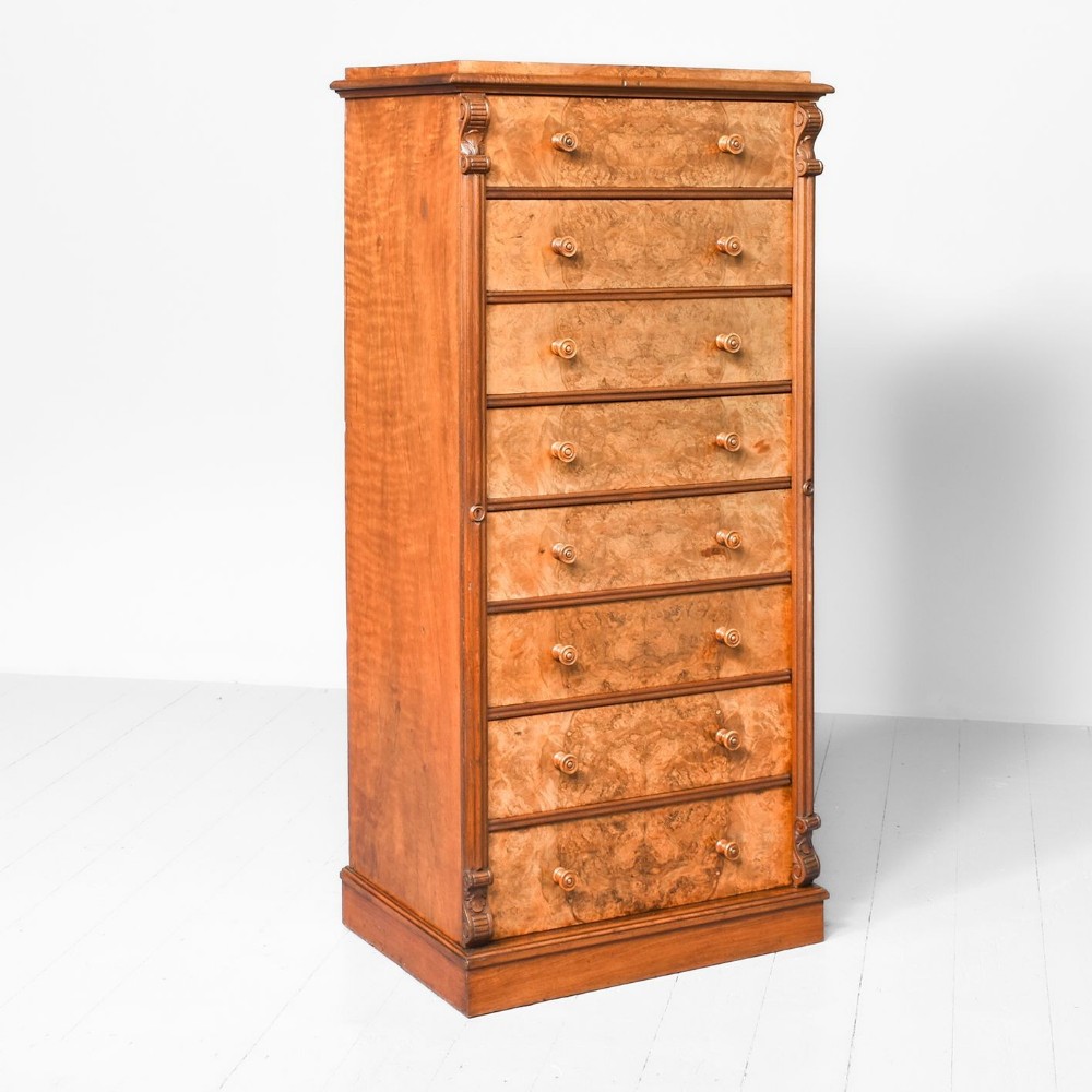 Victorian Burr Walnut Wellington Chest of Drawers