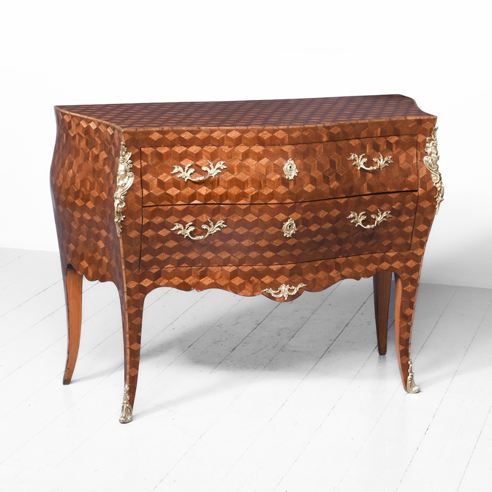 Exceptional Bombe-Front French Parquetry Mahogany Commode